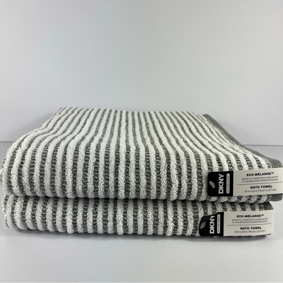 DKNY Bath Towel Set Eco Melange Gray White Striped 2 Pc Soft Cotton NEW - Picture 1 of 7